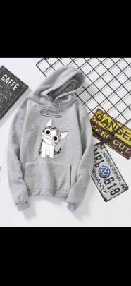 WINTER SPECIAL HOODIES WITH CUTE CAT FACE IMAGE IN HOT GREY COLOR