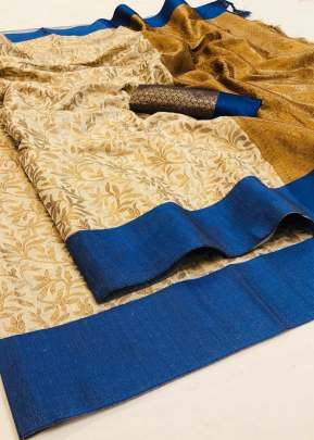 Zoya Orijnal Varanasi Cotton Silk Off White And Royal Blue Color Saree