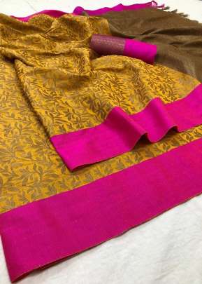 Zoya Orijnal Varanasi Cotton Silk Tumric And Pink Color Saree