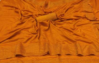 Zoya Silk Silver Beads Daimond Work Border Nd Jumuka Dark Orange