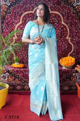 alveera Silk Linen Cotton Silk Saree In Light Sky Color By Surati Fabric