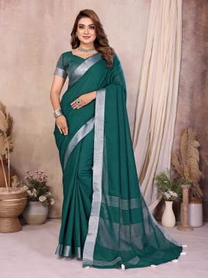Amanat Beauty Soft Leaf Linen By Cotton Saree With Silver Jari Border And Silver Border Blouse In Green Colour