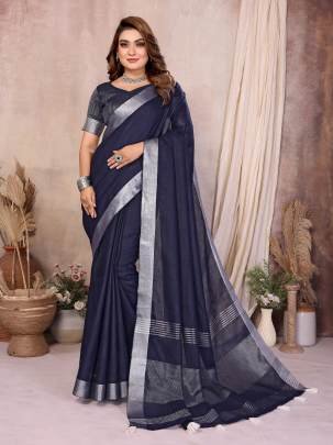 Amanat Beauty Soft Leaf Linen By Cotton Saree With Silver Jari Border And Silver Border Blouse In BLUE Colour
