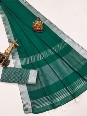 Amanat Beauty Soft Leaf Linen By Cotton Saree With Silver Jari Border And Silver Border Blouse In Green Colour