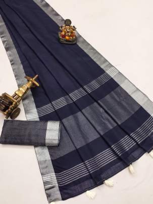 Amanat Beauty Soft Leaf Linen By Cotton Saree With Silver Jari Border And Silver Border Blouse In BLUE Colour