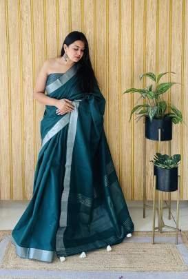 Amanat Beauty Soft Leaf Linen By Cotton Saree With Silver Jari Border And Silver Border Blouse In Green Colour