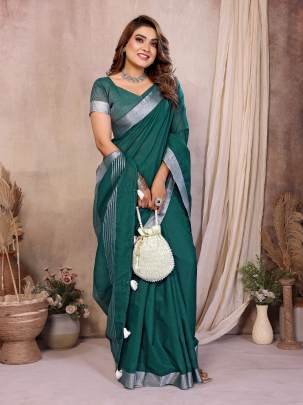 Amanat Beauty Soft Leaf Linen By Cotton Saree With Silver Jari Border And Silver Border Blouse In Green Colour