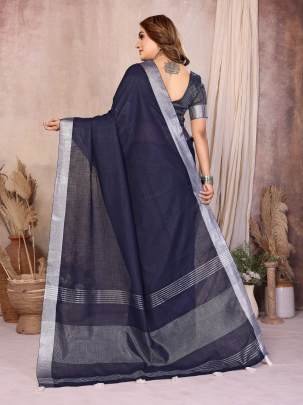 Amanat Beauty Soft Leaf Linen By Cotton Saree With Silver Jari Border And Silver Border Blouse In BLUE Colour