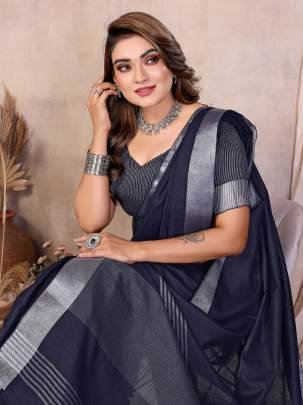 Amanat Beauty Soft Leaf Linen By Cotton Saree With Silver Jari Border And Silver Border Blouse In BLUE Colour