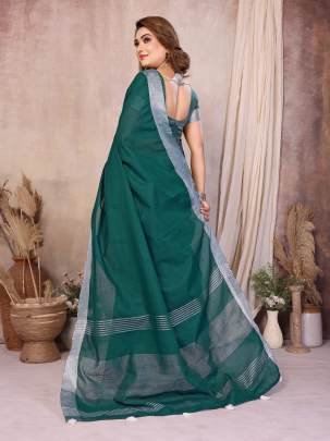 Amanat Beauty Soft Leaf Linen By Cotton Saree With Silver Jari Border And Silver Border Blouse In Green Colour