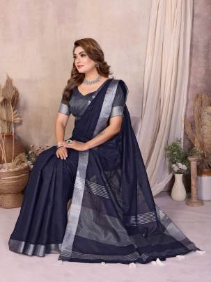 Amanat Beauty Soft Leaf Linen By Cotton Saree With Silver Jari Border And Silver Border Blouse In BLUE Colour