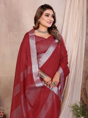 AMnat Beauty Soft Leaf Linen By Cotton Saree With Silver Jari Border And Silver Border Blouse In red Colour