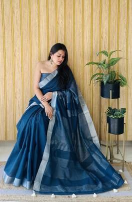AMnat Beauty Soft Leaf Linen By Cotton Saree With Silver Jari Border And Silver Border Blouse In Sky BlueColour