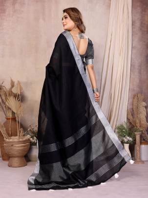 AMnat Beauty Soft Leaf Linen By Cotton Saree With Silver Jari Border And Silver Border Blouse In Black Colour