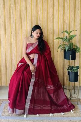 AMnat Beauty Soft Leaf Linen By Cotton Saree With Silver Jari Border And Silver Border Blouse In red Colour