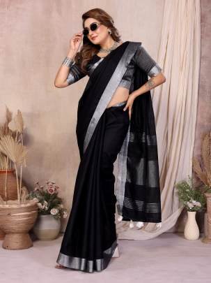 AMnat Beauty Soft Leaf Linen By Cotton Saree With Silver Jari Border And Silver Border Blouse In Black Colour