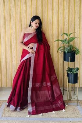 AMnat Beauty Soft Leaf Linen By Cotton Saree With Silver Jari Border And Silver Border Blouse In red Colour
