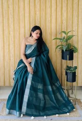 AMnat Beauty Soft Leaf Linen By Cotton Saree With Silver Jari Border And Silver Border Blouse In Sky BlueColour