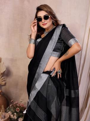 AMnat Beauty Soft Leaf Linen By Cotton Saree With Silver Jari Border And Silver Border Blouse In Black Colour