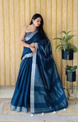 AMnat Beauty Soft Leaf Linen By Cotton Saree With Silver Jari Border And Silver Border Blouse In Sky BlueColour