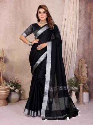 AMnat Beauty Soft Leaf Linen By Cotton Saree With Silver Jari Border And Silver Border Blouse In Black Colour