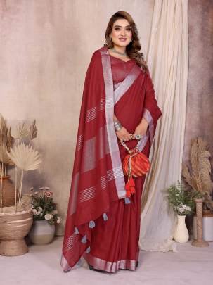 AMnat Beauty Soft Leaf Linen By Cotton Saree With Silver Jari Border And Silver Border Blouse In red Colour