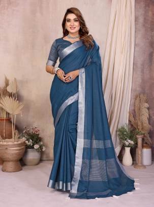AMnat Beauty Soft Leaf Linen By Cotton Saree With Silver Jari Border And Silver Border Blouse In Sky BlueColour