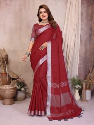 AMnat Beauty Soft Leaf Linen By Cotton Saree With Silver Jari Border And Silver Border Blouse In red Colour