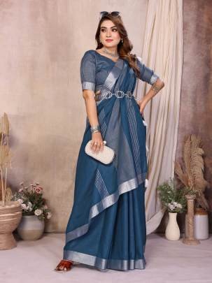AMnat Beauty Soft Leaf Linen By Cotton Saree With Silver Jari Border And Silver Border Blouse In Sky BlueColour