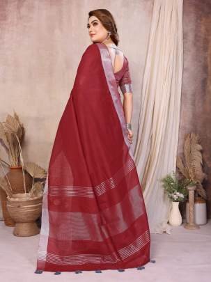 AMnat Beauty Soft Leaf Linen By Cotton Saree With Silver Jari Border And Silver Border Blouse In red Colour