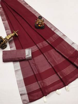 AMnat Beauty Soft Leaf Linen By Cotton Saree With Silver Jari Border And Silver Border Blouse In red Colour