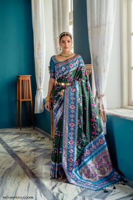 Banarasi Soft Silk Patola Saree with Meena   Zari Pattern in Dark Green