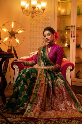 Banarasi Soft Silk Saree with All Over Colorful Meena Pattern in Green