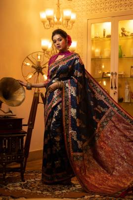Banarasi Soft Silk Saree with All Over Colorful Meena Pattern in Navy Blue