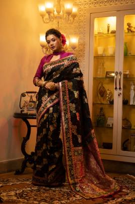 Banarasi Soft Silk Saree with All Over Colorful Meena Pattern in Black