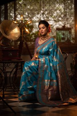 Banarasi Soft Silk Saree with All Over Colorful Meena Pattern in Light Blue