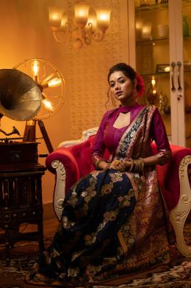 Banarasi Soft Silk Saree with All Over Colorful Meena Pattern in Navy Blue