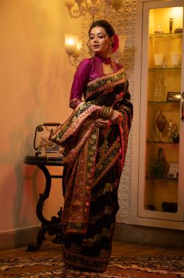 Banarasi Soft Silk Saree with All Over Colorful Meena Pattern in Black