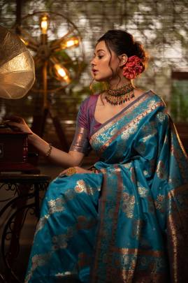 Banarasi Soft Silk Saree with All Over Colorful Meena Pattern in Light Blue