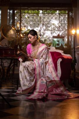 Banarasi Soft Silk Saree with All Over Colorful Meena Pattern in Light Pink