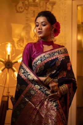 Banarasi Soft Silk Saree with All Over Colorful Meena Pattern in Navy Blue