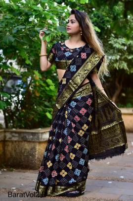 Black Block Print Bandhani Saree BaratVol2