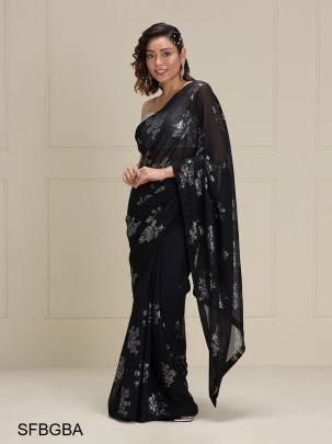 Black Georgette Beautiful All Over Crochet Work And Sequence Work