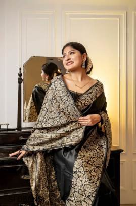 Black Handloom Raw Silk Saree With Rich weving Pallu And Running Blouse Piece