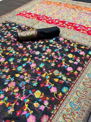 Black Kashmiri Weaving Multiple Color Thrade Weaving Pure Zari Weaving