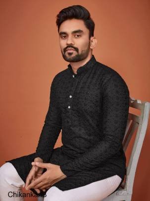 Black Prasang Luckhnowi Chikankari Men's Kurta Payjama