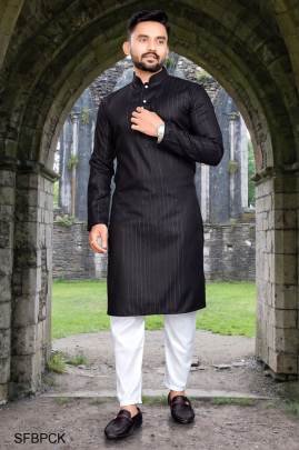 Black Pure Cotton Kurta Payjama Slub Strip Fancy Fabric With Silver Weaving Lining 