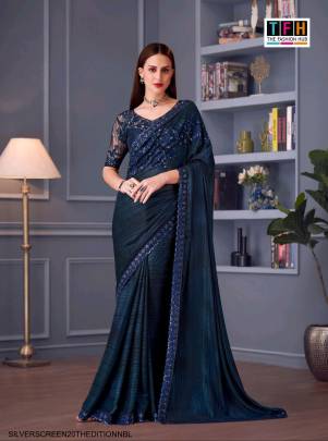 Blossom Glitter Designer Saree in Navy Blue 