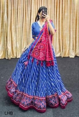 Blue Light Leheriya  Print Tussar Silk Lehenga Choli