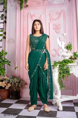 Bottle Green IMPORTED FABRIC  DHOTI PATTERN WITH MIRROR WORK+BORDER+MIRROR WORK BELT